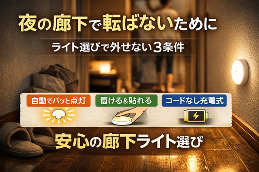 夜の廊下で転ばないために安心できる廊下ライトの選び方と条件を解説するイメージ