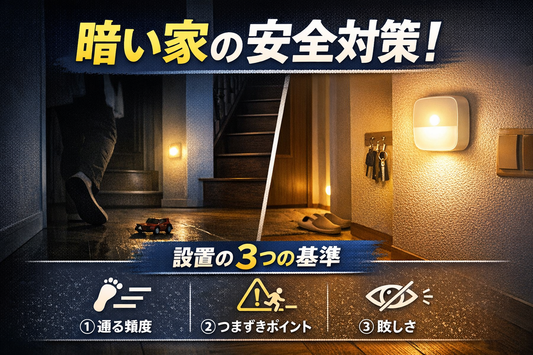 暗い家の安全対策として人感センサーライトの設置基準を解説するイメージ