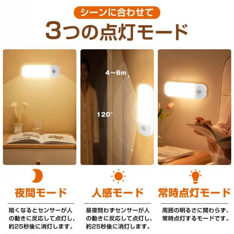3つの点灯モードを切り替えられる人感センサーライト